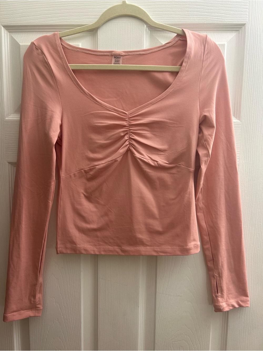 Roxy Pink Ruched V-Neck Long Sleeve Top